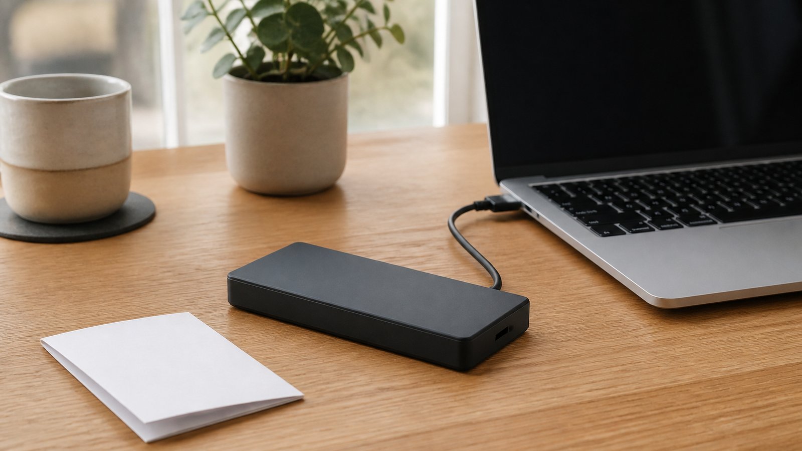 Slim portable hard drive on a tidy UK desk with warranty leaflet