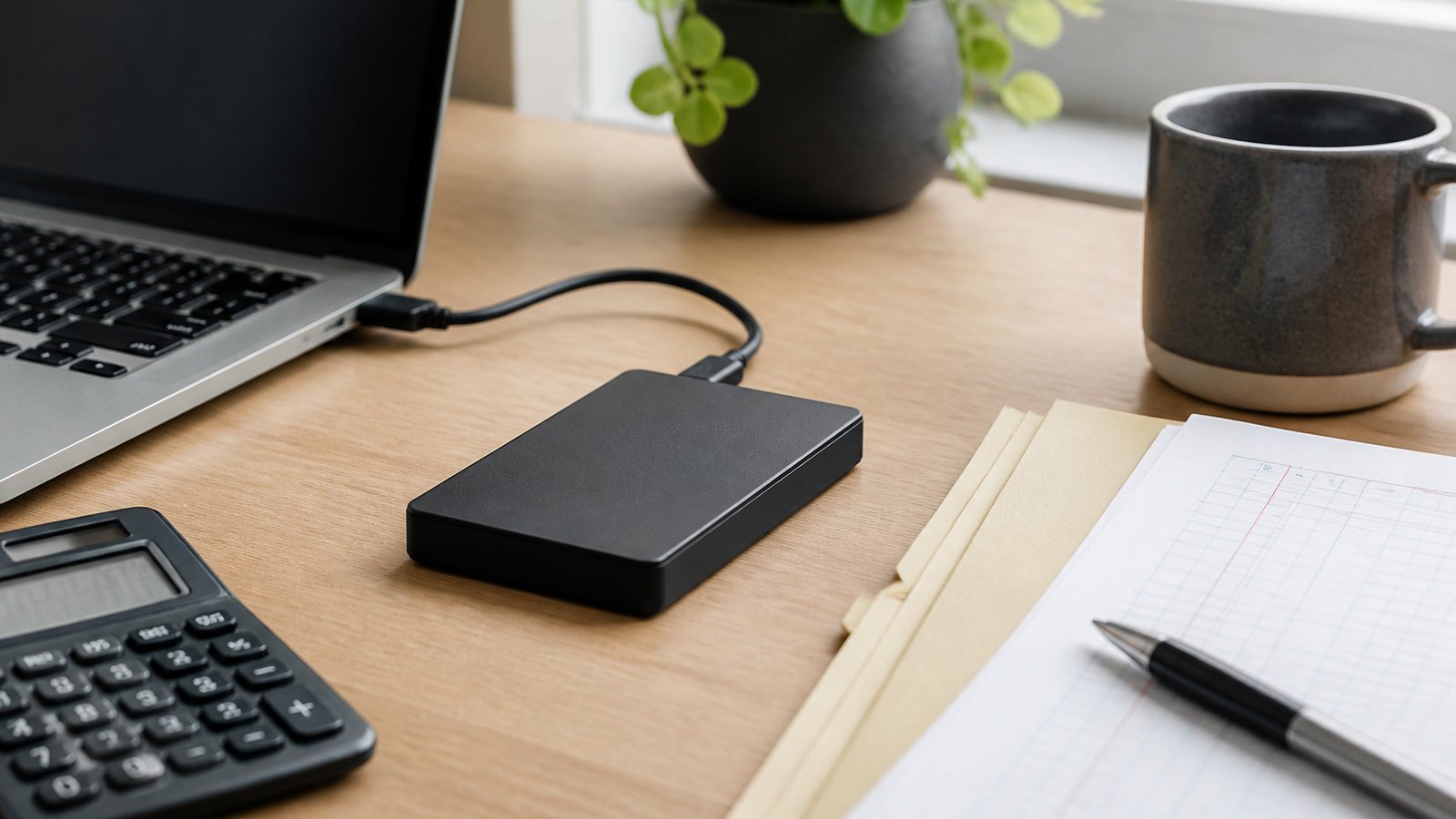 Portable hard drive beside a laptop for bookkeeping backup