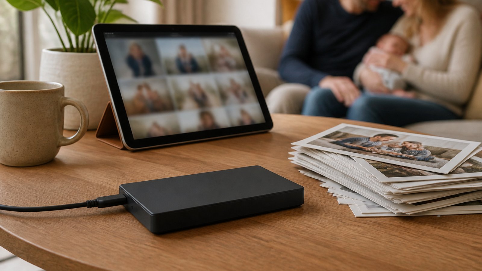 Portable hard drive beside family photo prints on a table